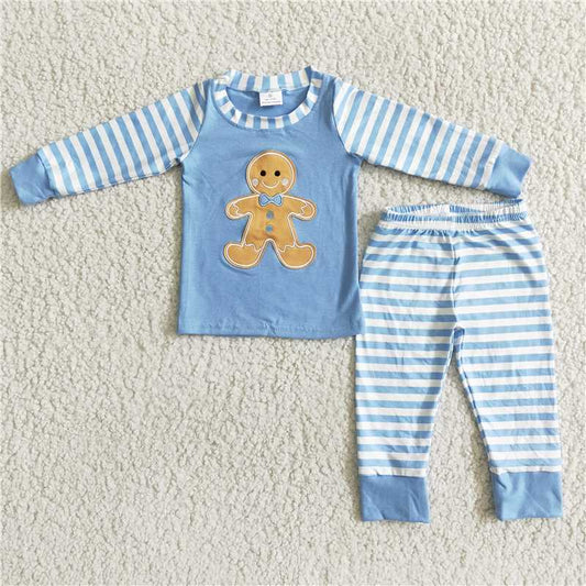 gingerbread christmas pajamas suit boys blue long sleeve top stripe pants 2 pieces outfits winter sets