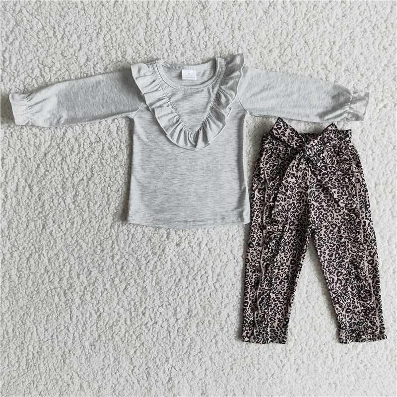 grey top and Leopard pants 2 pieces girls outfits kids clothes