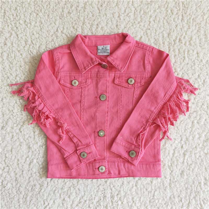 pink tassel girls denim jacket long sleeve coats fall winter tops