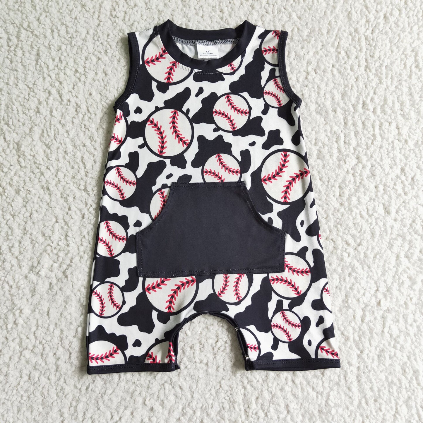 baseball sleeveless boys rompers with black pocket