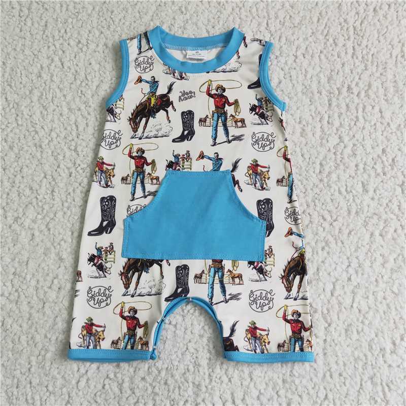 Western cowboy sleeveless boys rompers with pocket