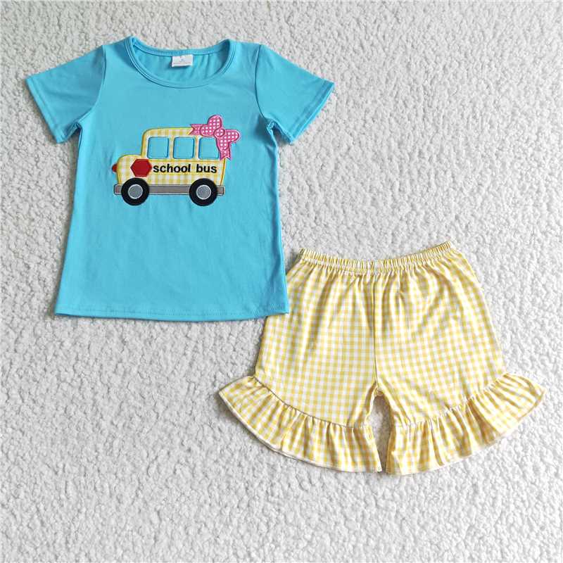 back to school girl sets embroidery school bus