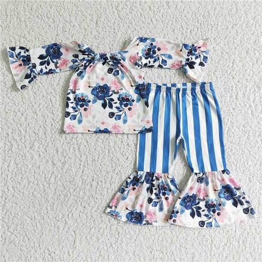 flower top and stripe bell pants 2 pieces girls outfits kids clothes