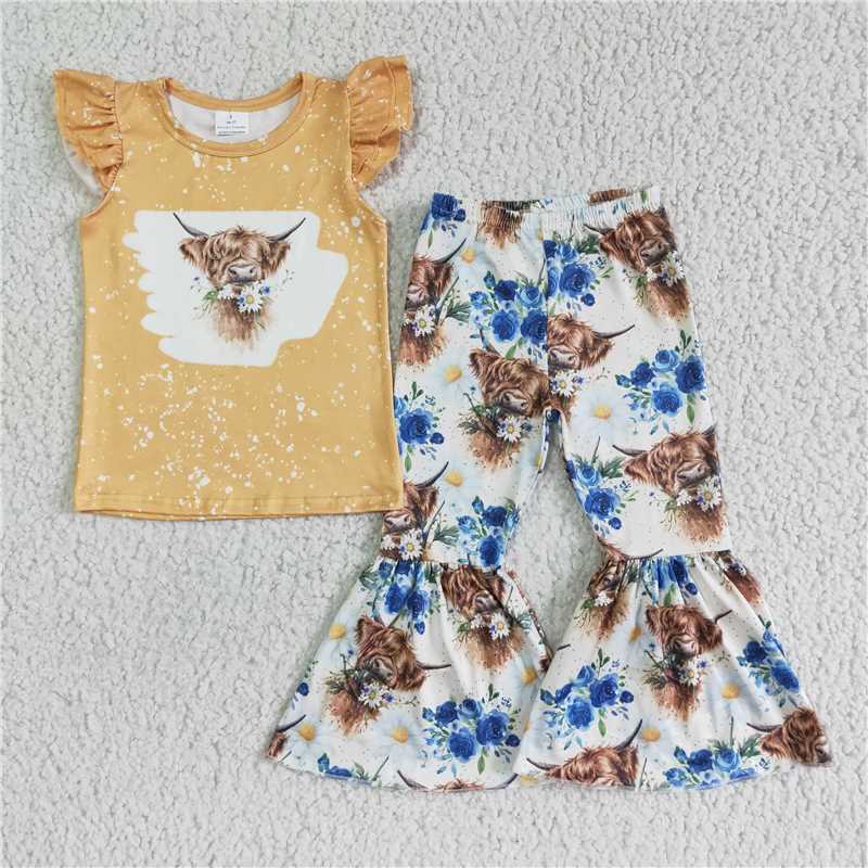 higtland cow flower short sleeve shirt bell 2 pcs girl sets kid clothes