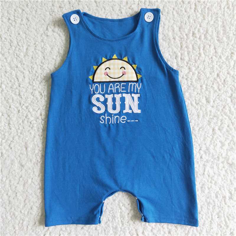 embroidery “you are my sunshine” sleeveless blue boys romper