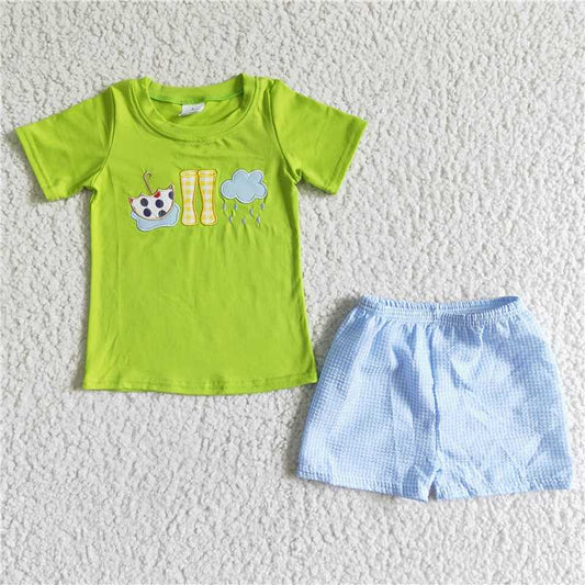 embroidery rain, umbrella, rain boots boys summer sets short sleeve shirt and shorts 2 pieces suit