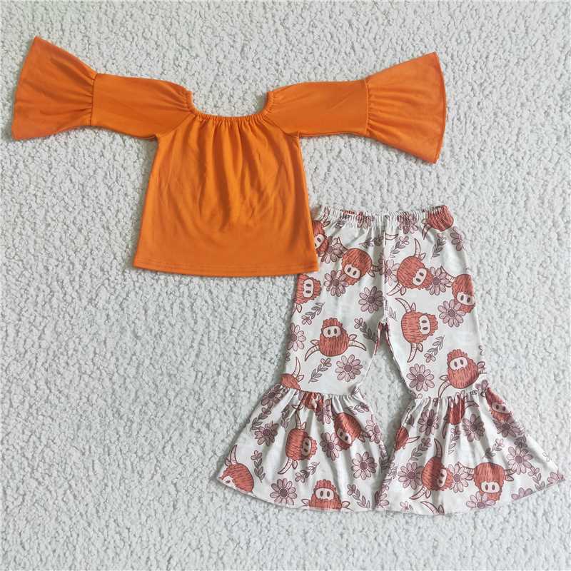 cotton top and highland cow bell pants 2 pieces girls outfits kids clothes