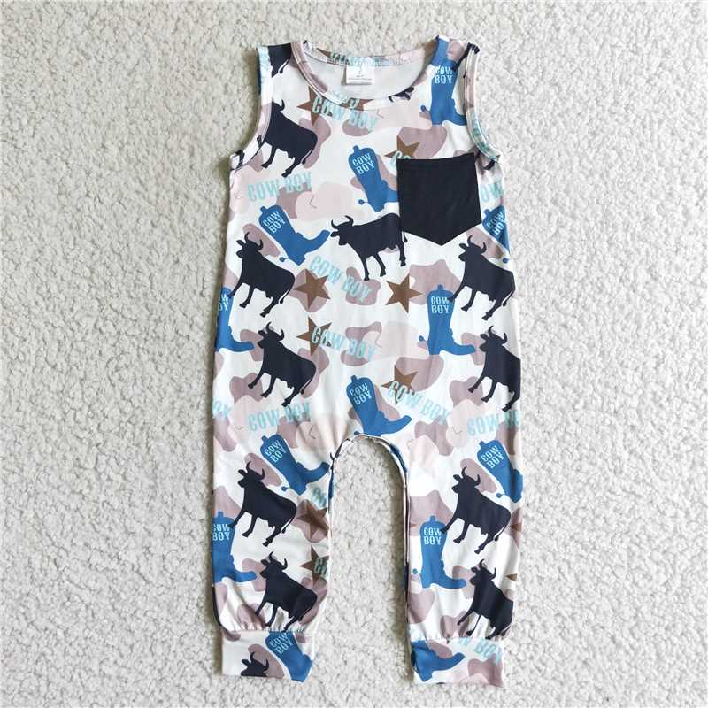 Western Cow sleeveless boys rompers with pocket