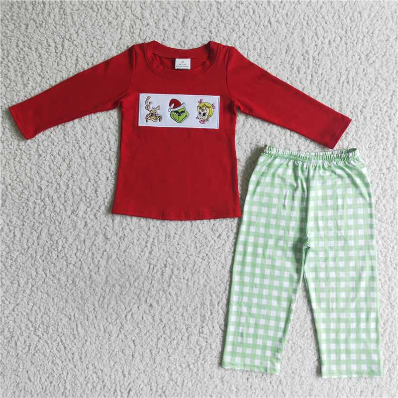 embroidery Christmas pajamas suit boys grinch outfits fall winter sets