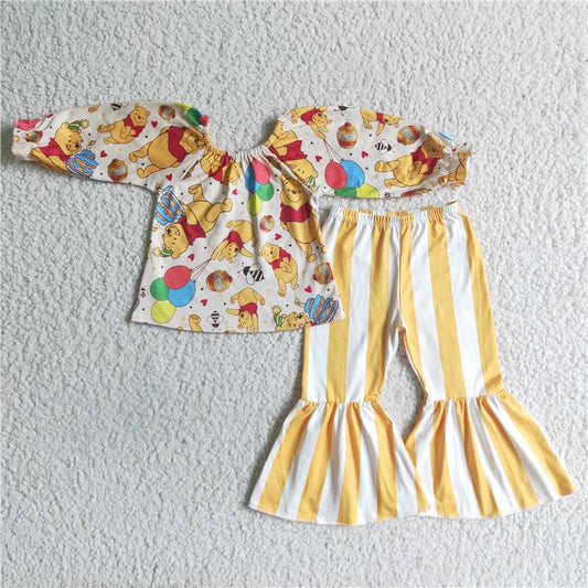 cartoon bear top and stripe bell 2 pieces girls outfits kids clothes