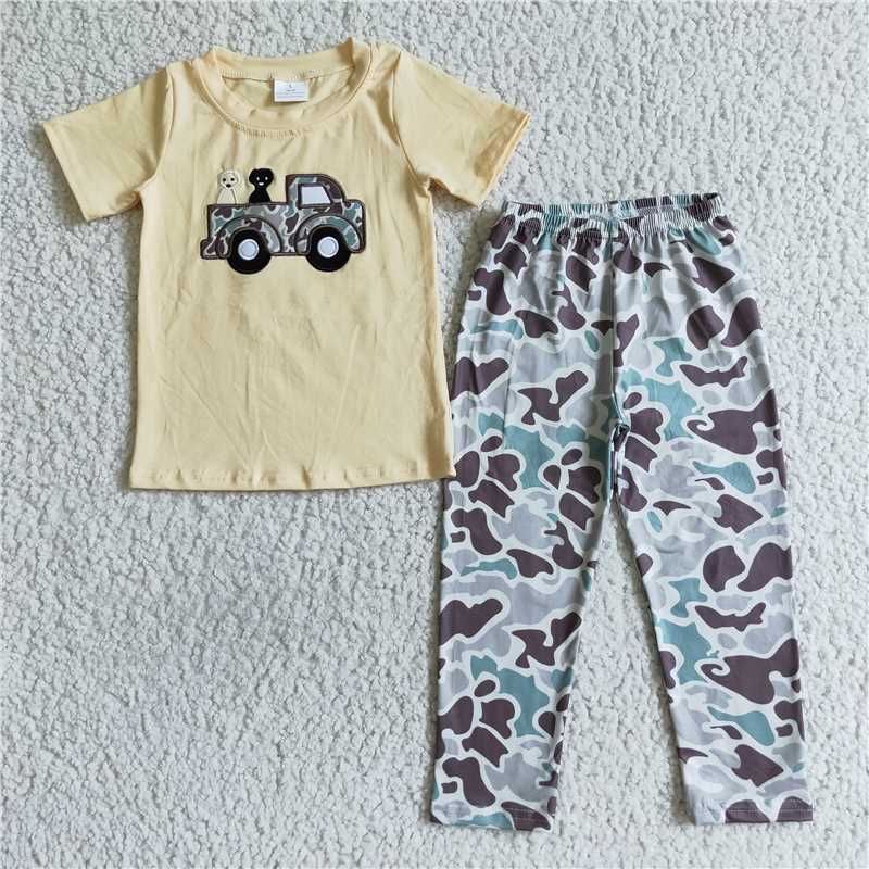 Embroidered Dog fall boys outfits shorts sleeve shirt and camo long pants sets