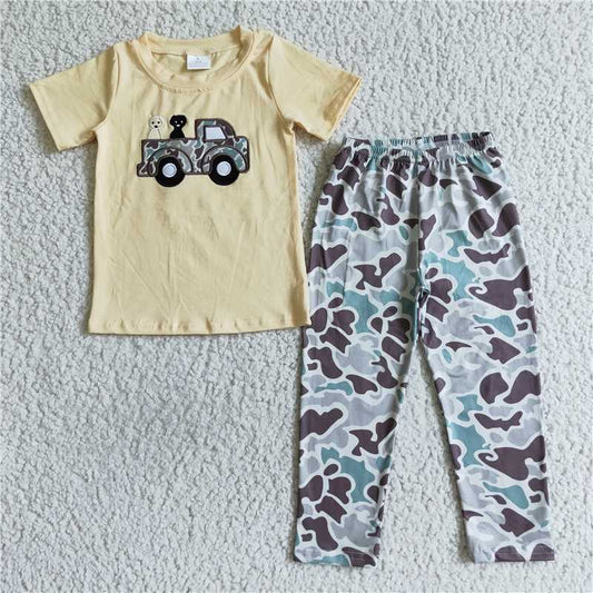 Embroidered Dog fall boys outfits shorts sleeve shirt and camo long pants sets