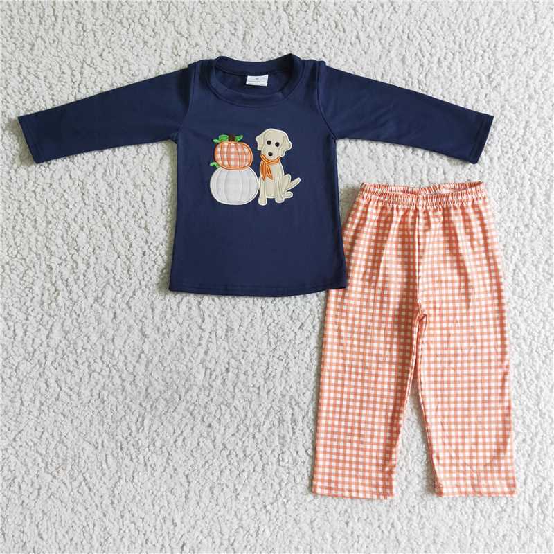 Embroidered Pumpkin dog pajamas suit boys long sleeve pants 2 pieces outfits fall winter sets