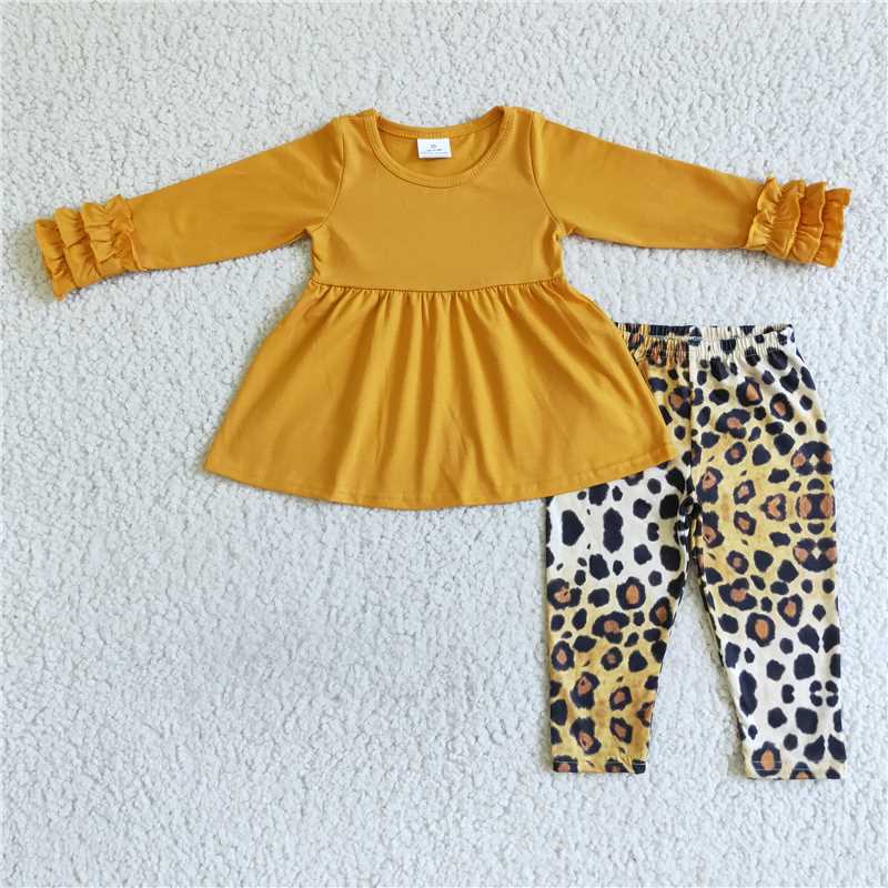 yellow cotton top leopard pants 2 pieces girl sets kids clothes