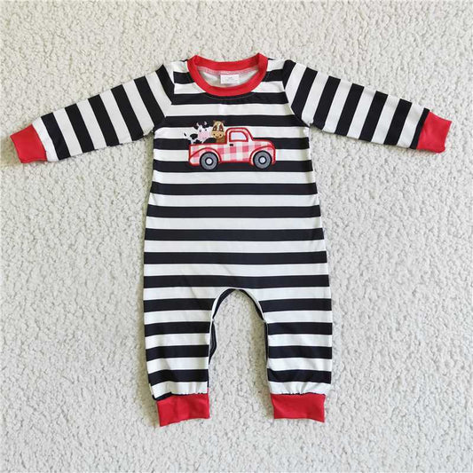 embroidery car stripe long sleeve fall boys rompers with hidden button