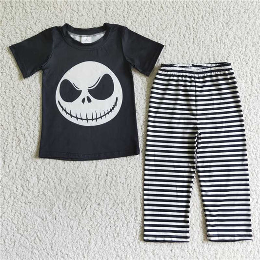 halloween fall boys outfits skull shorts sleeve shirt and black and white stripes pants sets