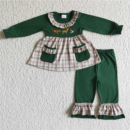 pockets ruffles hunting dress and pants 2 pieces girls outfit