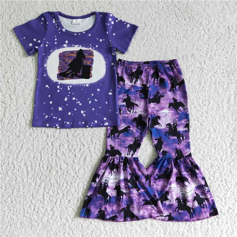 Western short sleeve shirt bell 2 pieces cowboy girl sets kid clothes