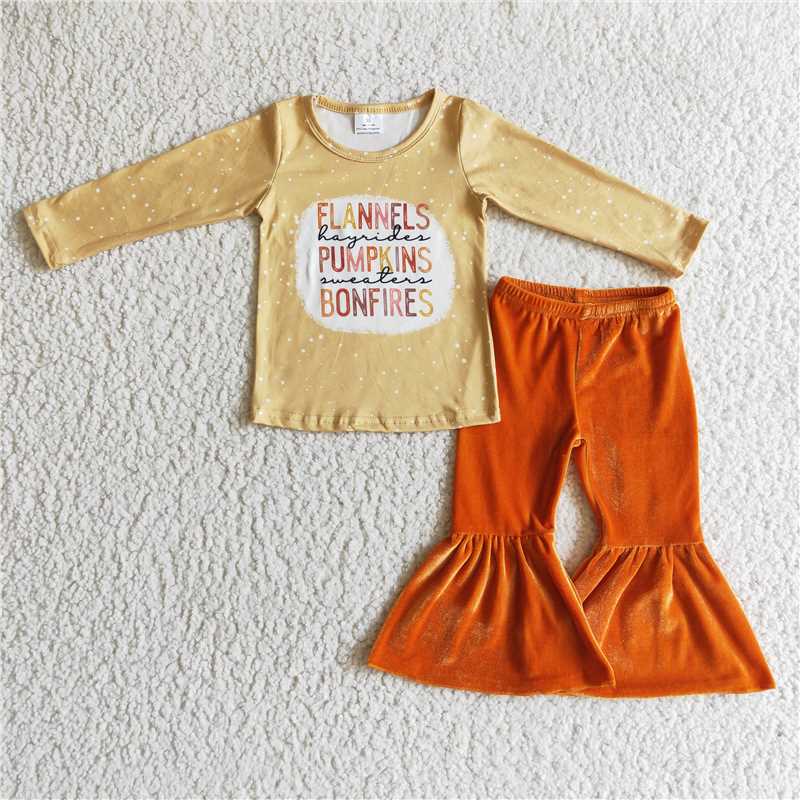 flannels pumpkins bonfires shirt and velvet bell pants 2 pieces girls outfits kids clothes