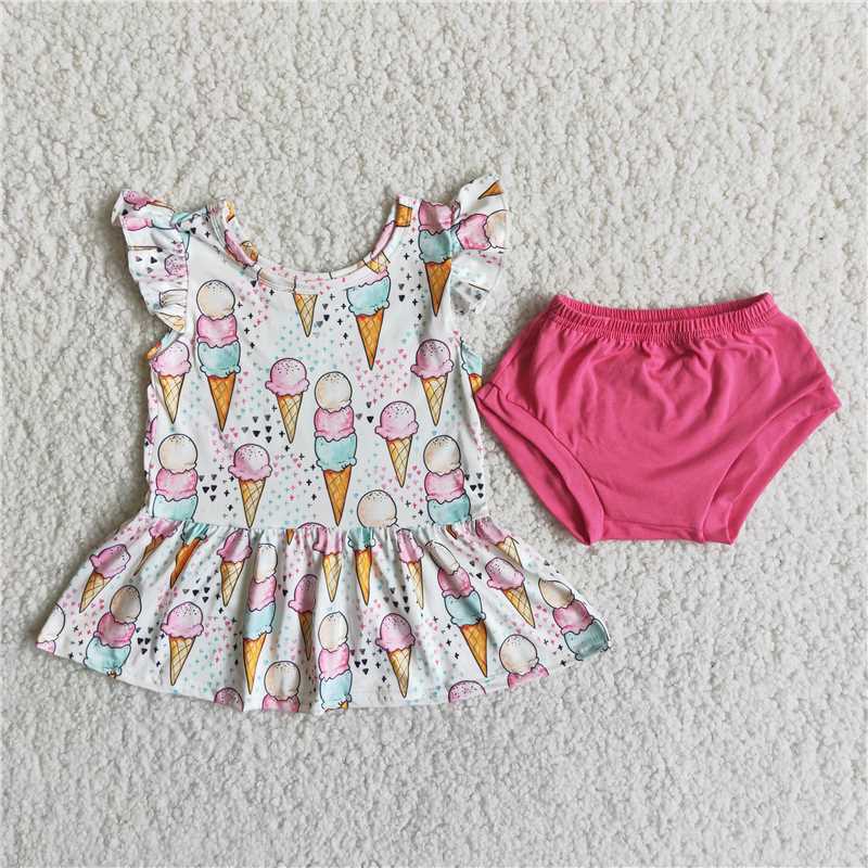 Girls baby bummies sets summer ice cream shirt