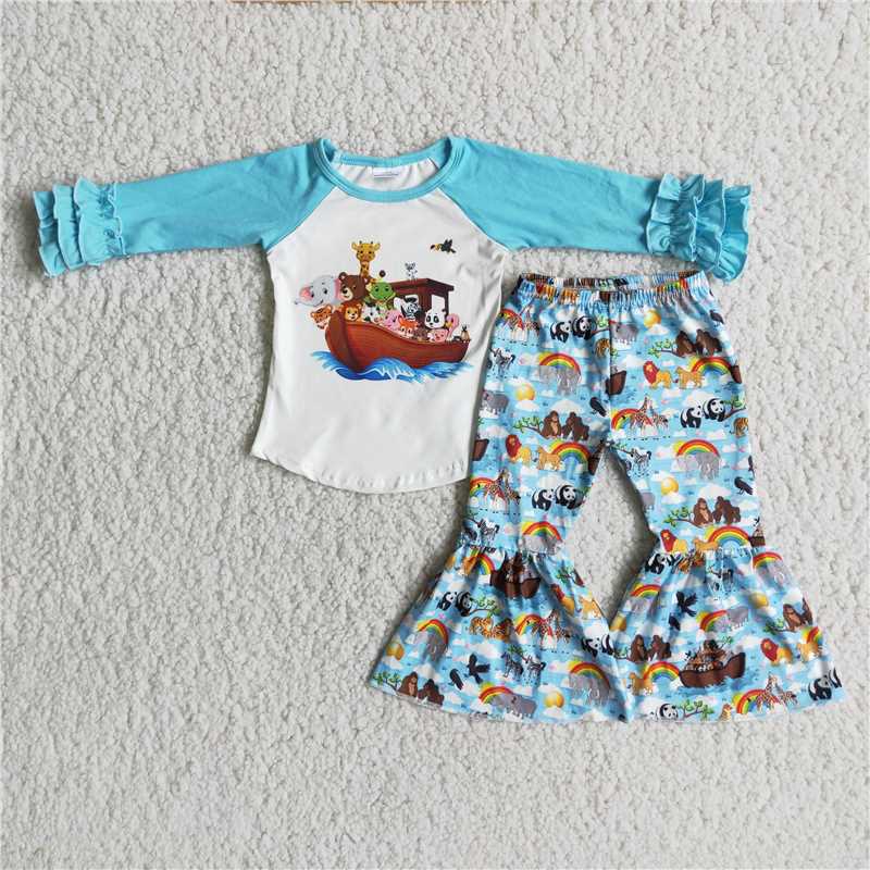 carton shirt and bell pants 2 pieces girls outfits kids clothes