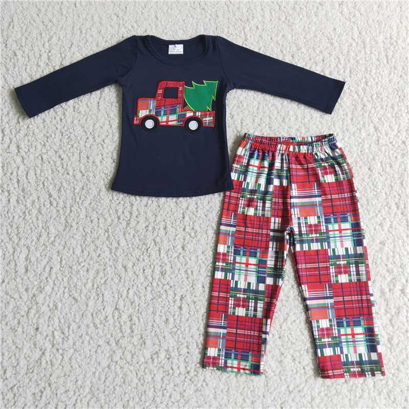 Embroidered Christmas Tree pajamas suit boys green long sleeve camo pants 2 pieces outfits fall winter sets