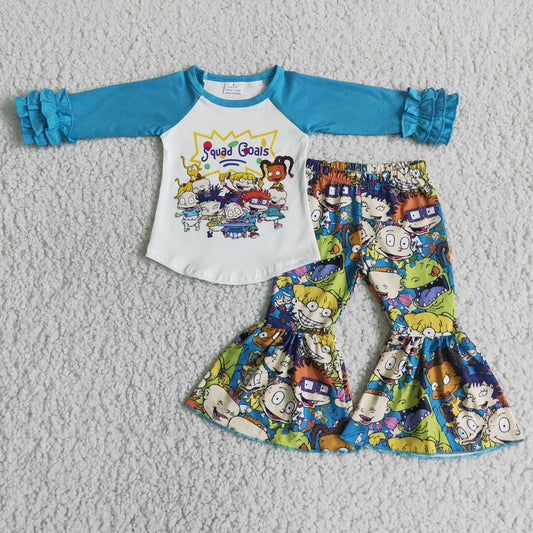 carton shirt and bell pants 2 pieces girls outfits kids clothes