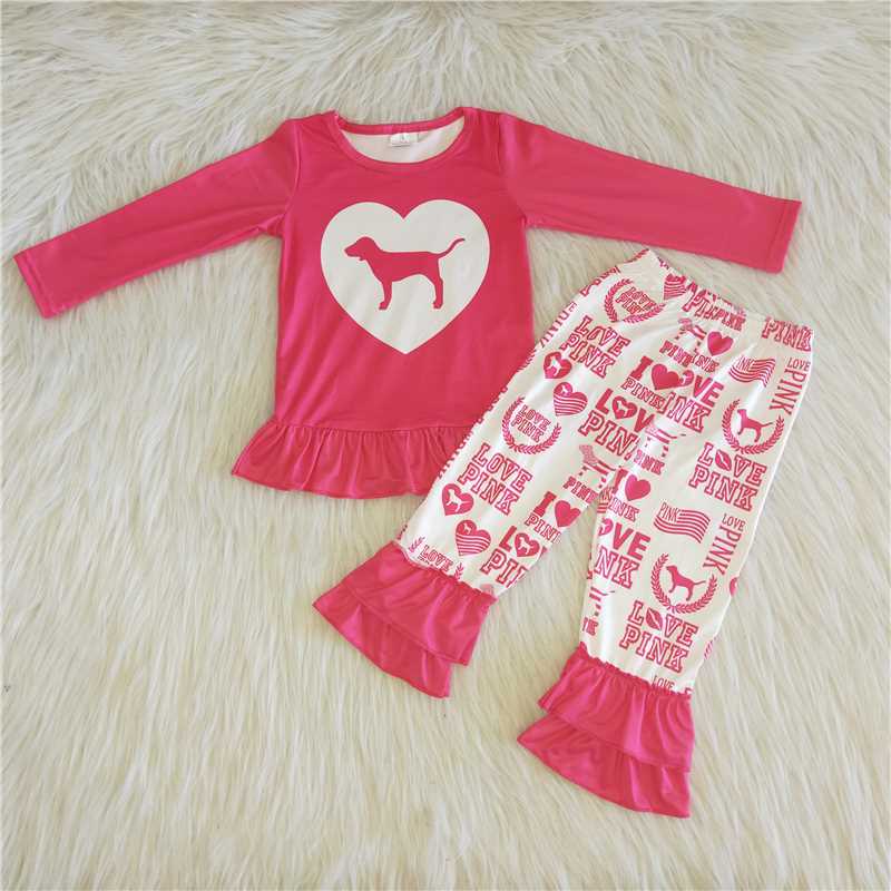 dog  top & love pink bell girls outfits Valentine's kids clothes