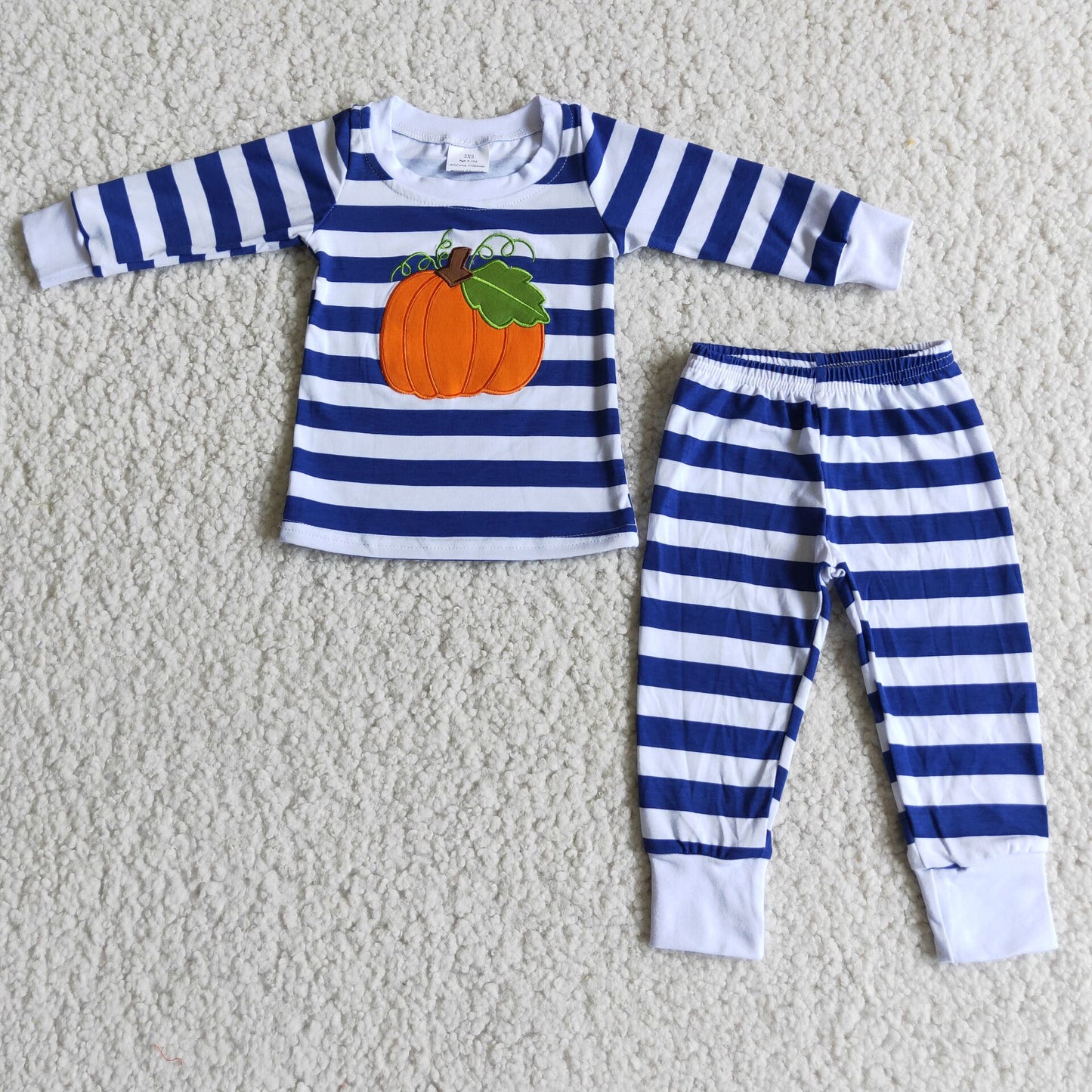 Blue Striped Embroidered Pumpkin fall pajamas suit boys long sleeve top & pants 2 pieces outfits winter sets