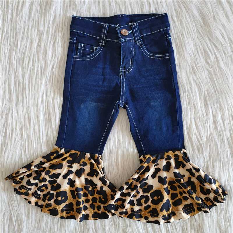 Leopard print blue girls long pants kids jeans