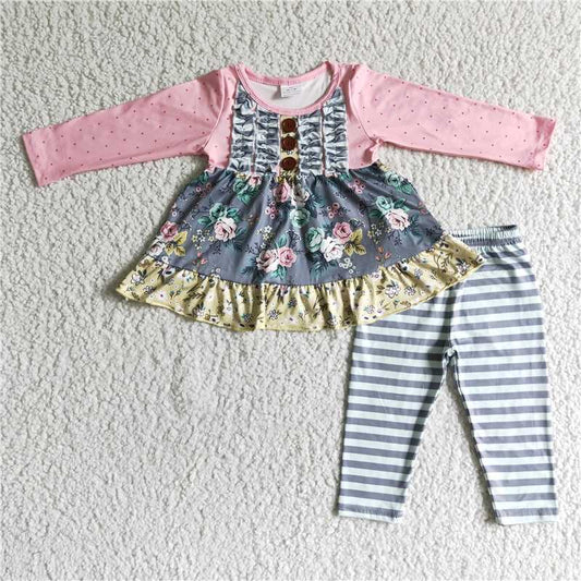 flower top stripe pants 2 pieces girl sets kids clothes