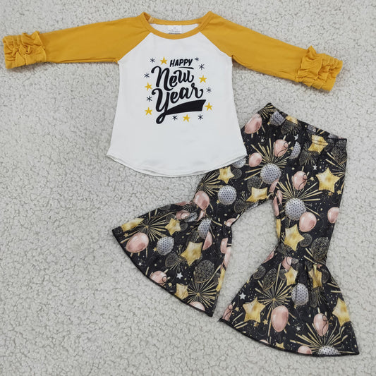 happy new year shirt and bell pants 2 pieces girls outfits kids clothes