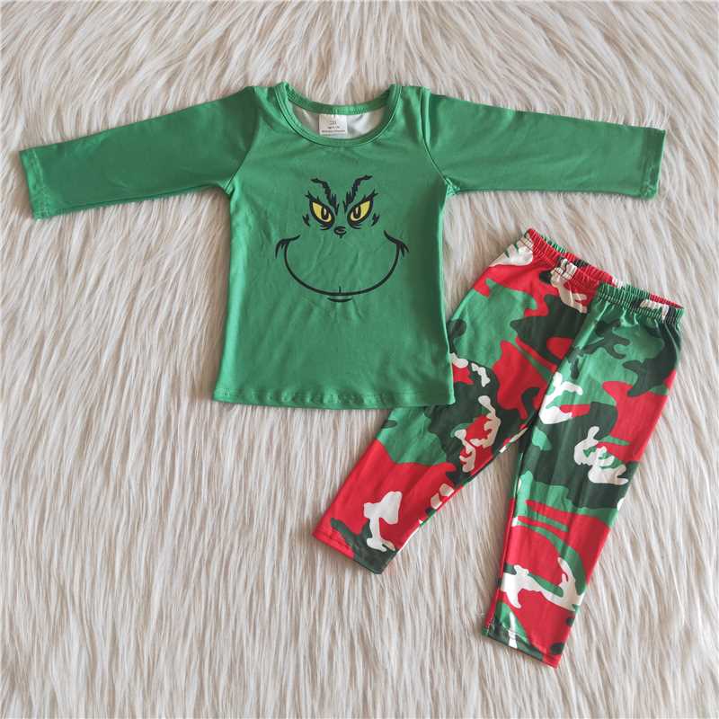 christmas boys outfits pajamas suit green grinch shirt camo pants fall winter sets