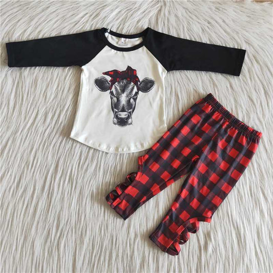 cow shirt and Plaid pants 2 pieces girls outfits kids clothes