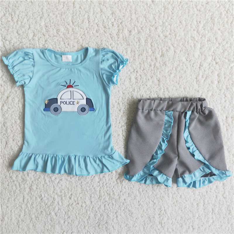 girls summer Embroidered police car shirt sets 2 pieces shorts outfits