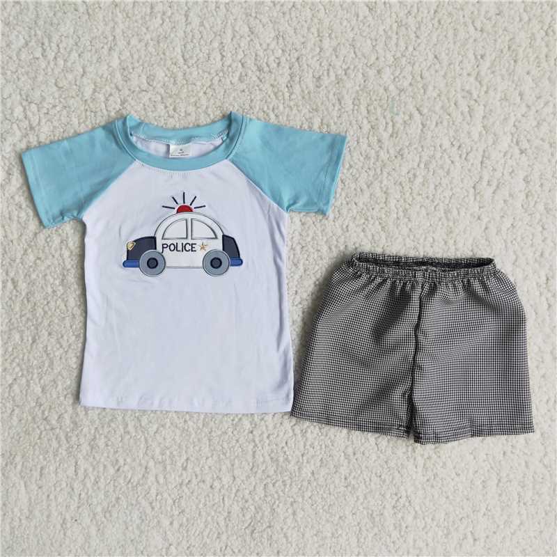 police car embroidery boys summer sets