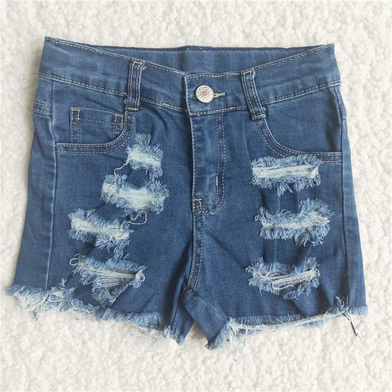 BLUE cut hole jeans button denim shorts