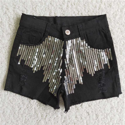 Cute grey sequins BLACK jeans button denim shorts