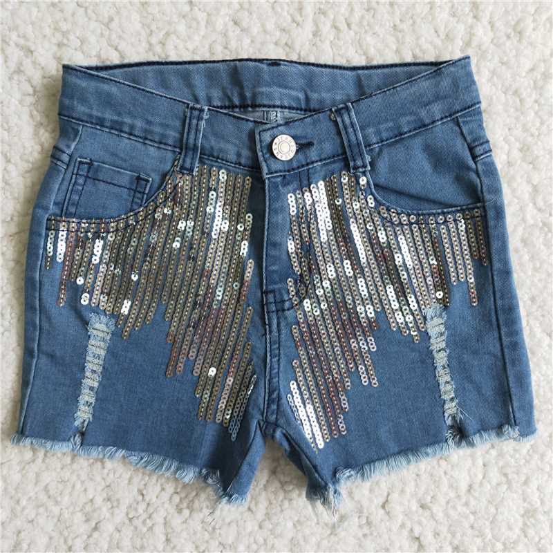 Cute grey sequins jeans button denim shorts