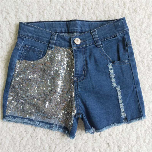 Lovely grey sequins jeans button denim shorts