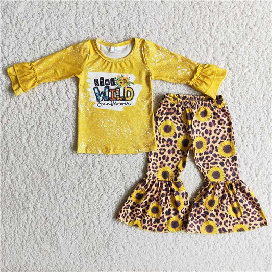 stay wild shirt and leopard sunflower bell pants 2 pieces girls outfits kids clothes