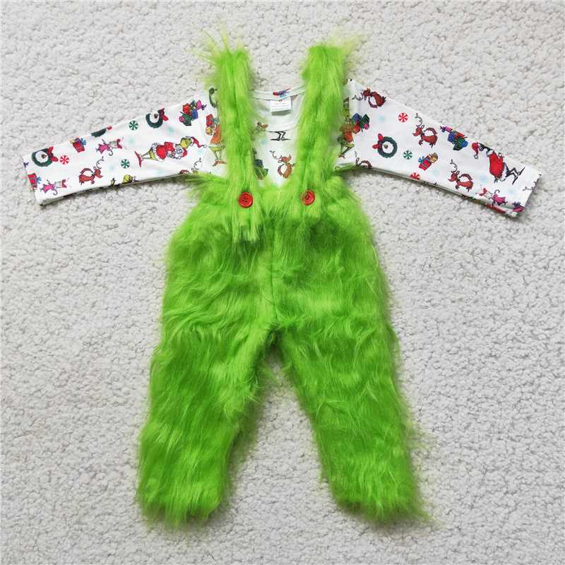 fuzzy green christmas boys outfits baby grinch shirt overalls winter set