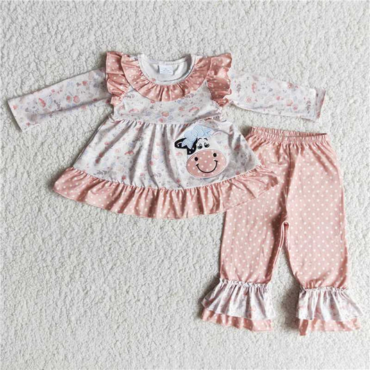 embroidery cow ruffles dress and pants 2 pieces girls outfit