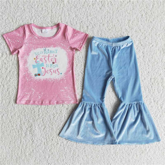 easter is for jesus shirt & velvet bell pants girls sets