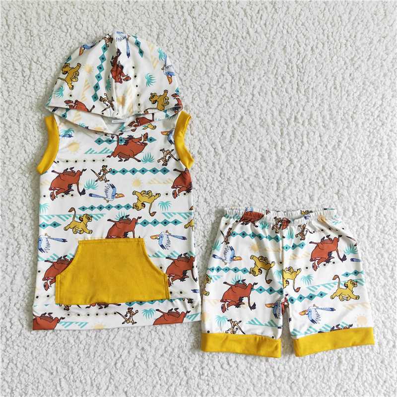 lion boys summer sets hooded sleeveless shirt and shorts 2 pieces suit