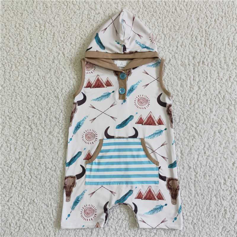 Western Cattle sleeveless hooded boys rompers with blue stripes pocket