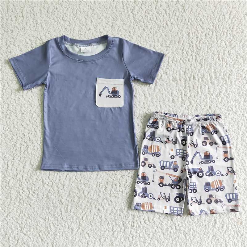 excavator boys summer sets shirt and shorts 2 pieces suit