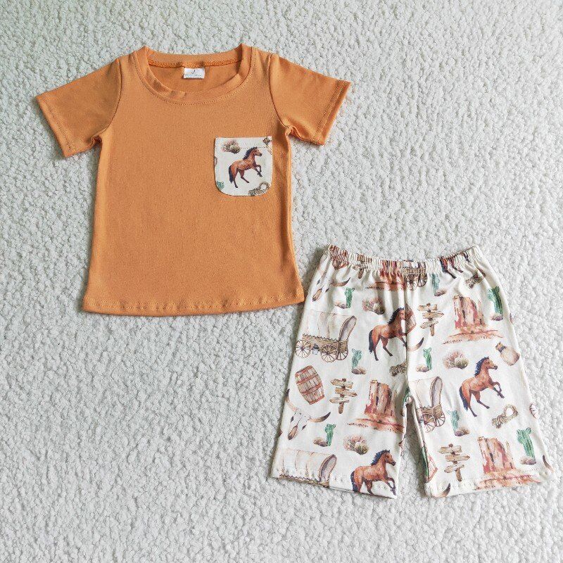 horse boys summer sets shirt and shorts 2 pieces suit western life