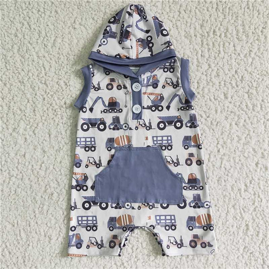 excavator sleeveless hooded boys rompers with pocket