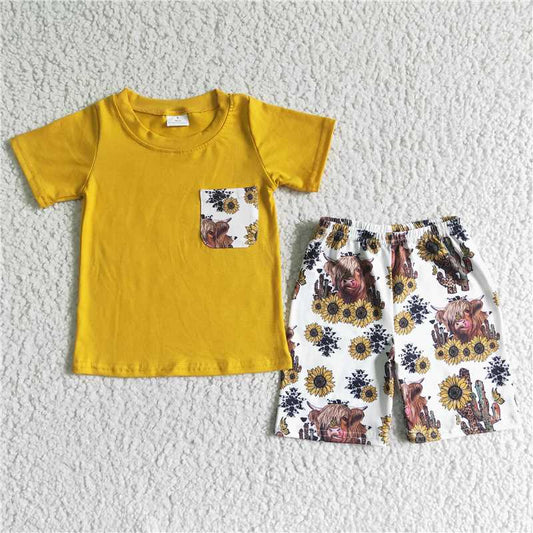 cow sunflower boys summer sets shirt and shorts 2 pieces suit